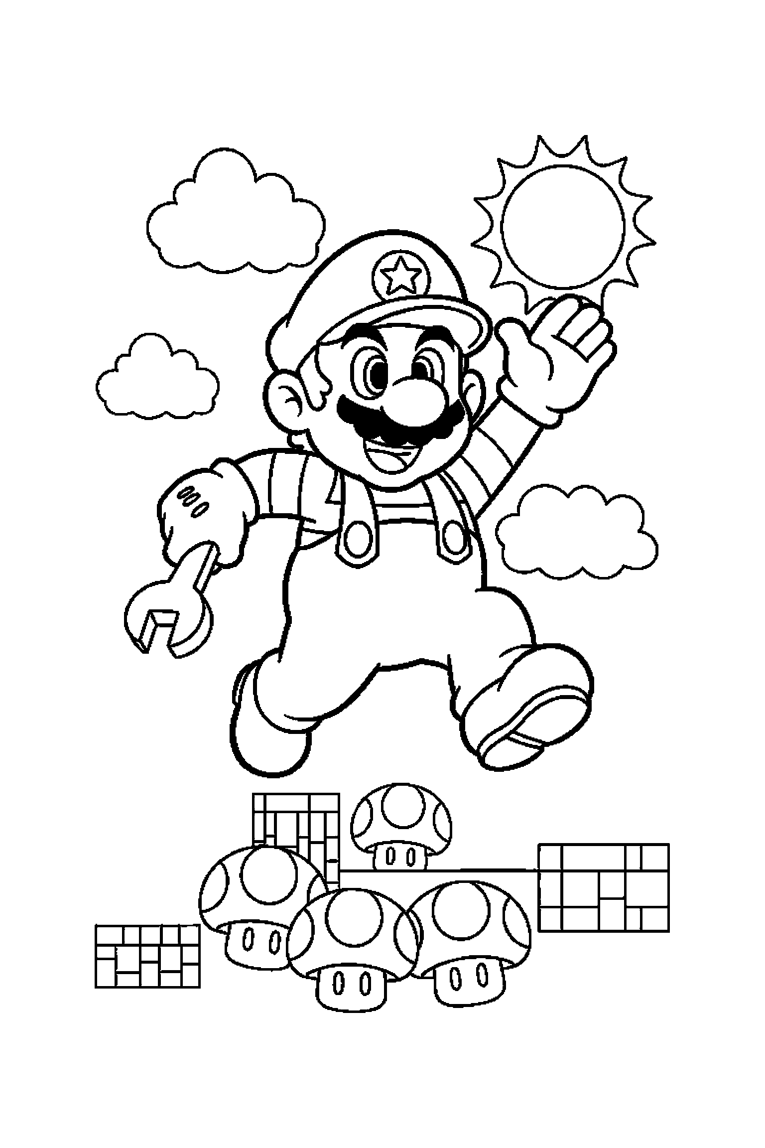 Coloriage Mario gratuit à imprimer - Mario assis qui sourit de tout son cœur Coloriage Mario gratuit à imprimer : Mario assis qui sourit de tout son cœur