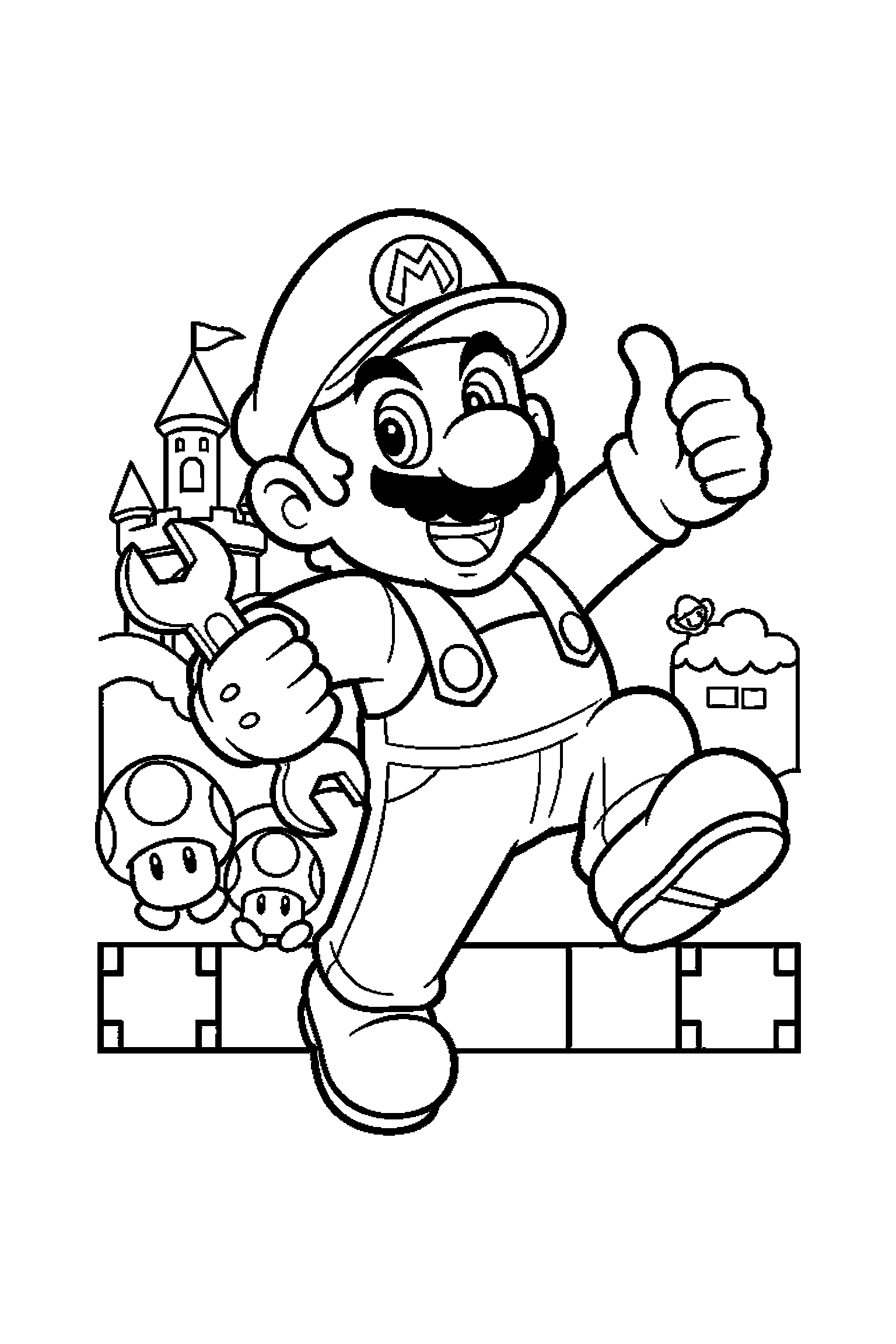 Coloriage Mario gratuit à imprimer - Luigi avec un champignon et des motifs nuages Coloriage Mario gratuit à imprimer : Luigi avec un champignon et des motifs nuages