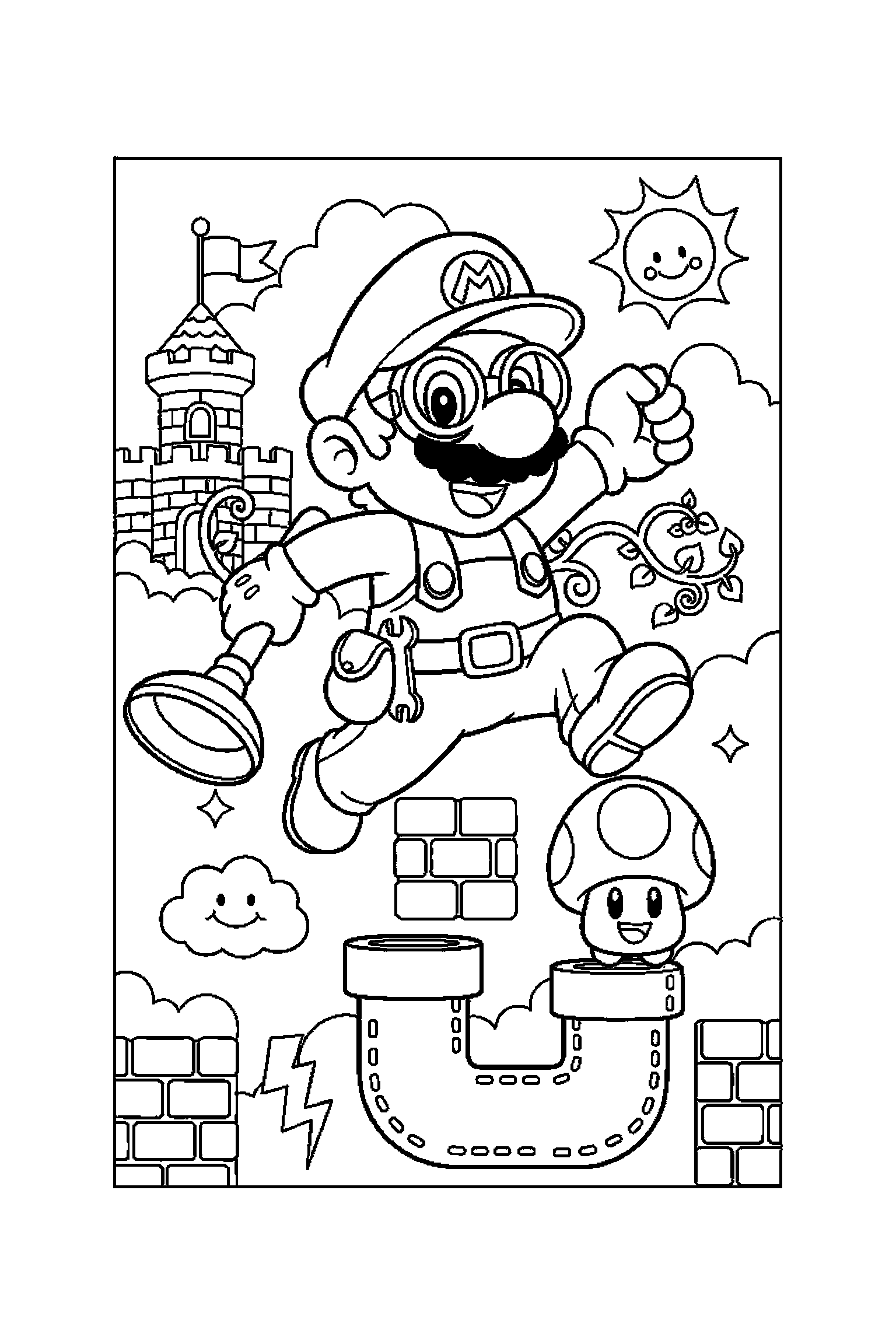 Coloriage Mario gratuit à imprimer - Mario devant un fond décoré avec étoiles Coloriage Mario gratuit à imprimer : Mario devant un fond décoré avec étoiles