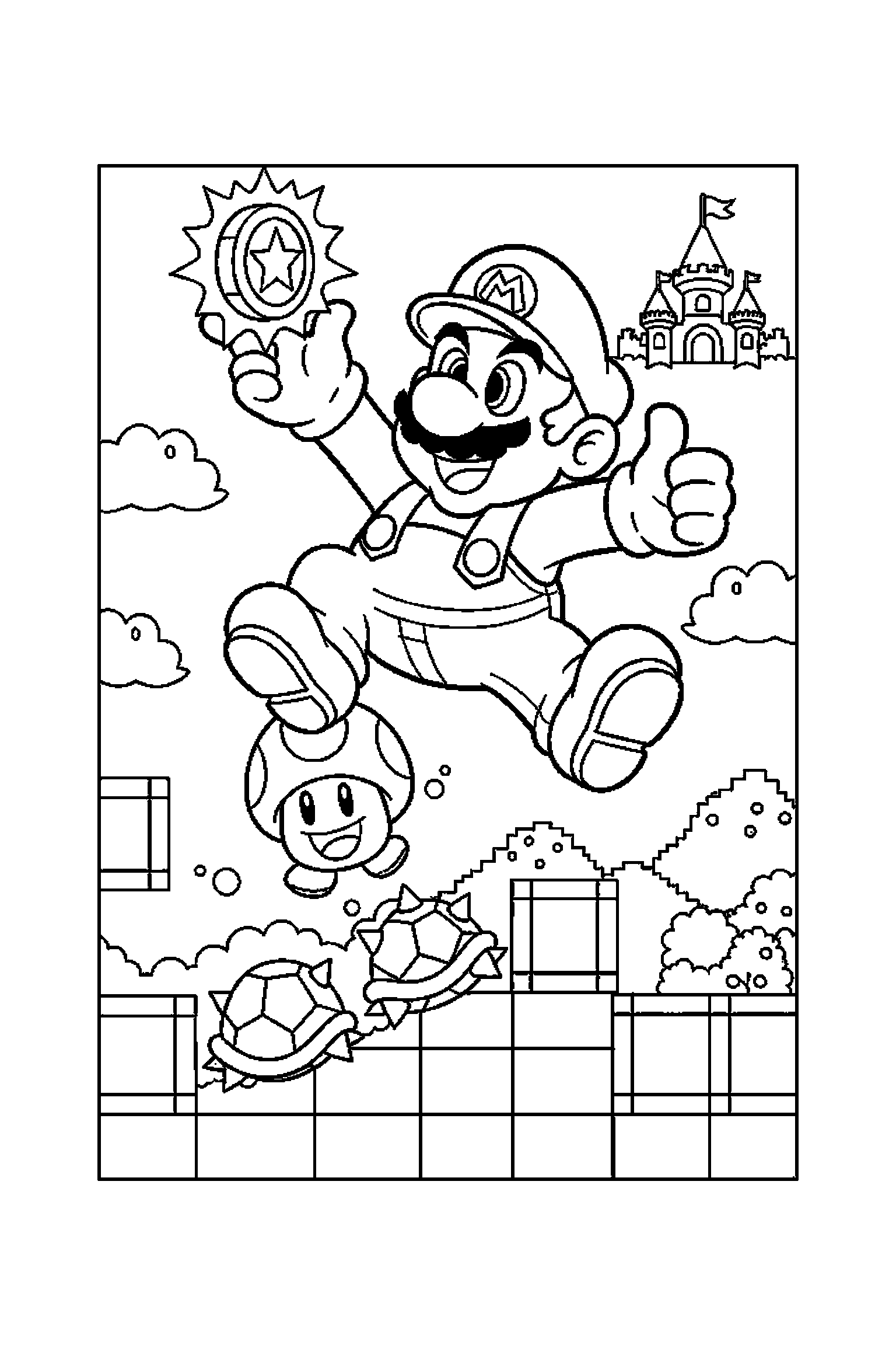 Coloriage Mario gratuit à imprimer - Luigi avec un champignon sur un fond clair Coloriage Mario gratuit à imprimer : Luigi avec un champignon sur un fond clair