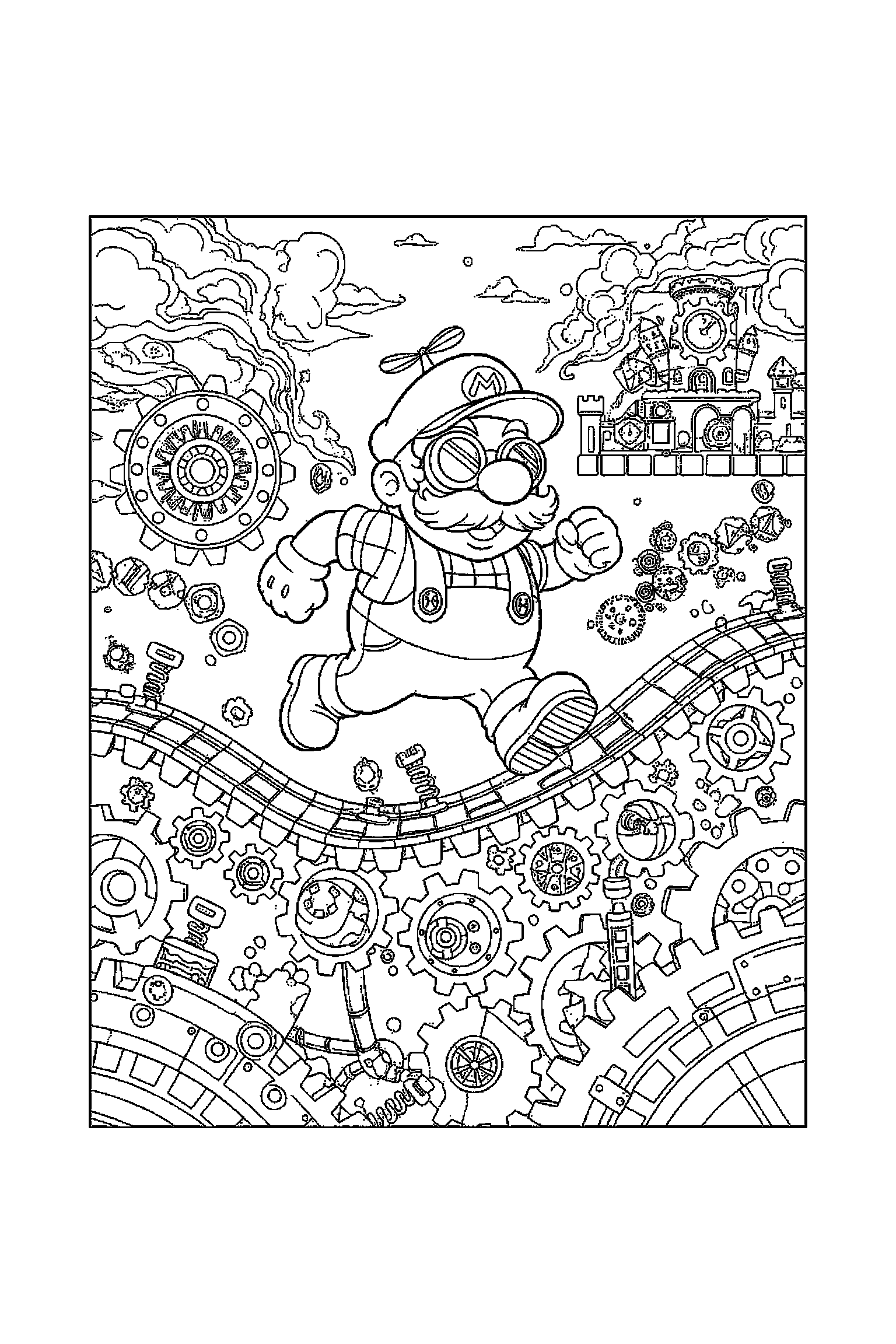 Coloriage Mario gratuit à imprimer - Mario dans le Royaume Champignon avec plusieurs détails Coloriage Mario gratuit à imprimer : Mario dans le Royaume Champignon avec plusieurs détails
