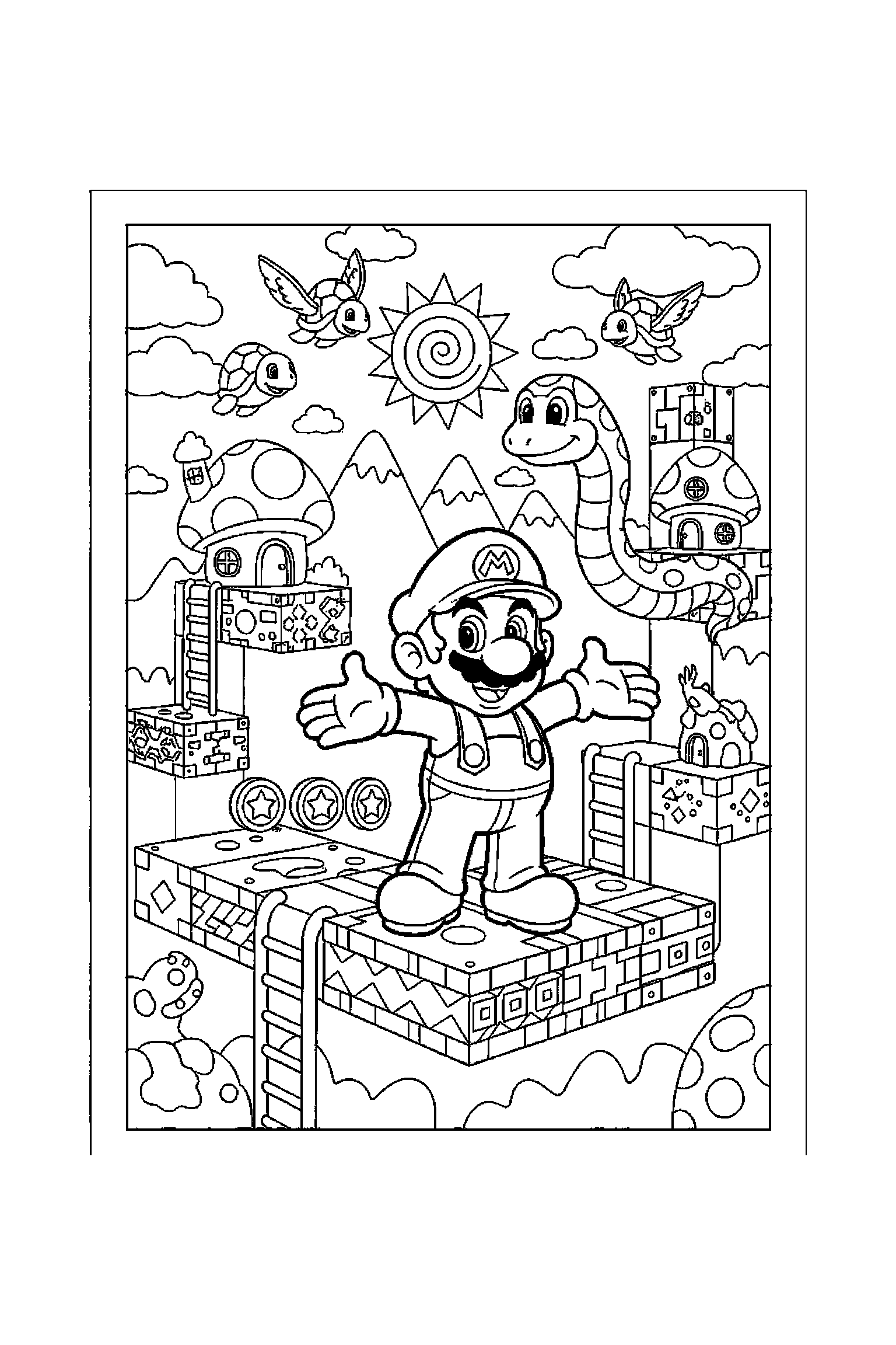 Coloriage Mario gratuit à imprimer - Luigi entouré par des motifs nuages et de petits objets Coloriage Mario gratuit à imprimer : Luigi entouré par des motifs nuages et de petits objets