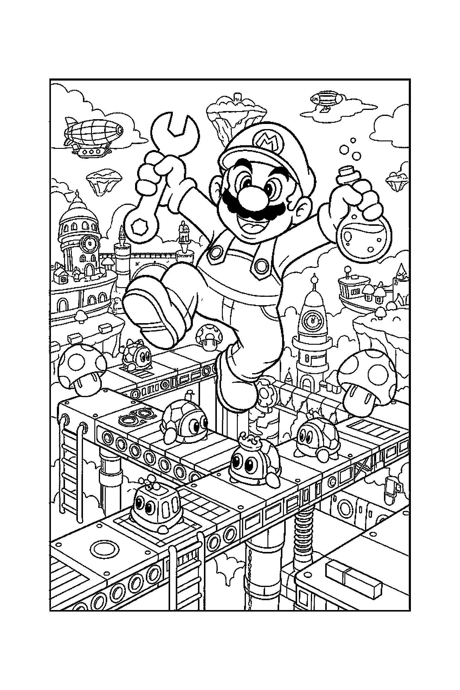 Coloriage Mario gratuit à imprimer - Yoshi au centre d'un décor riche mais lisible Coloriage Mario gratuit à imprimer : Yoshi au centre d'un décor riche mais lisible