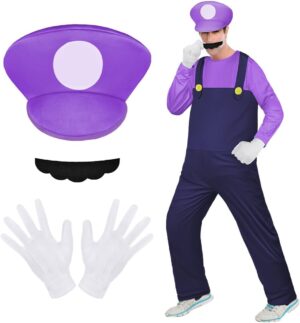 Costume cosplay Mario Luigi Bros violet avec bonnet, barbe et gants