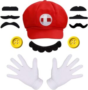 Costume Mario Super Plumber Bros avec barbe et gants blancs