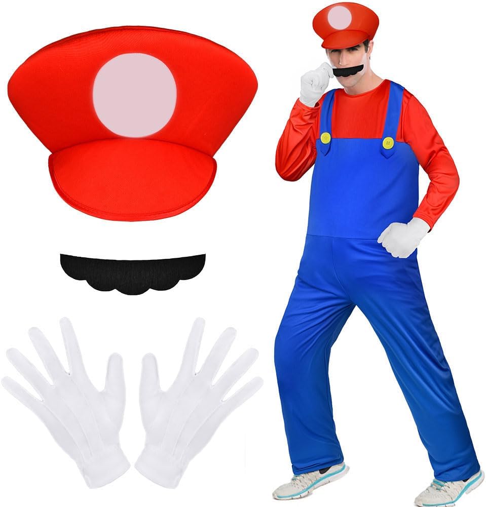 Costume Mario Luigi-Bros adulte avec bonnet, barbe et gants