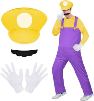 Costume cosplay Mario et Luigi jaune avec bonnet, barbe et gants