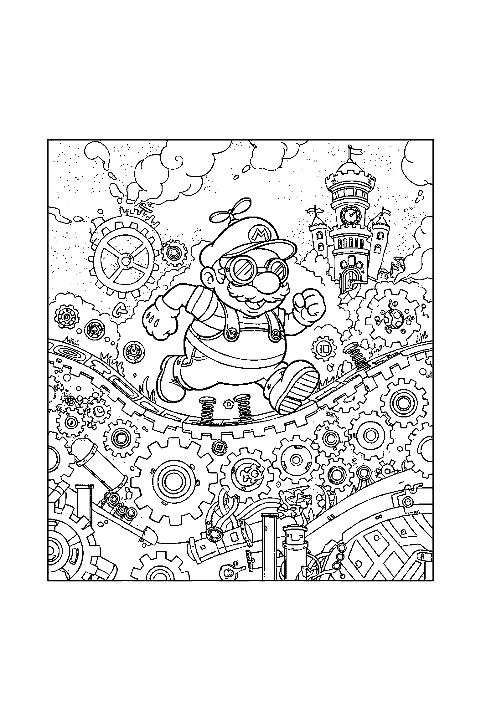 Coloriage Mario gratuit à imprimer - Mario avec décor détaillé de le Royaume Champignon Coloriage Mario gratuit à imprimer : Mario avec décor détaillé de le Royaume Champignon