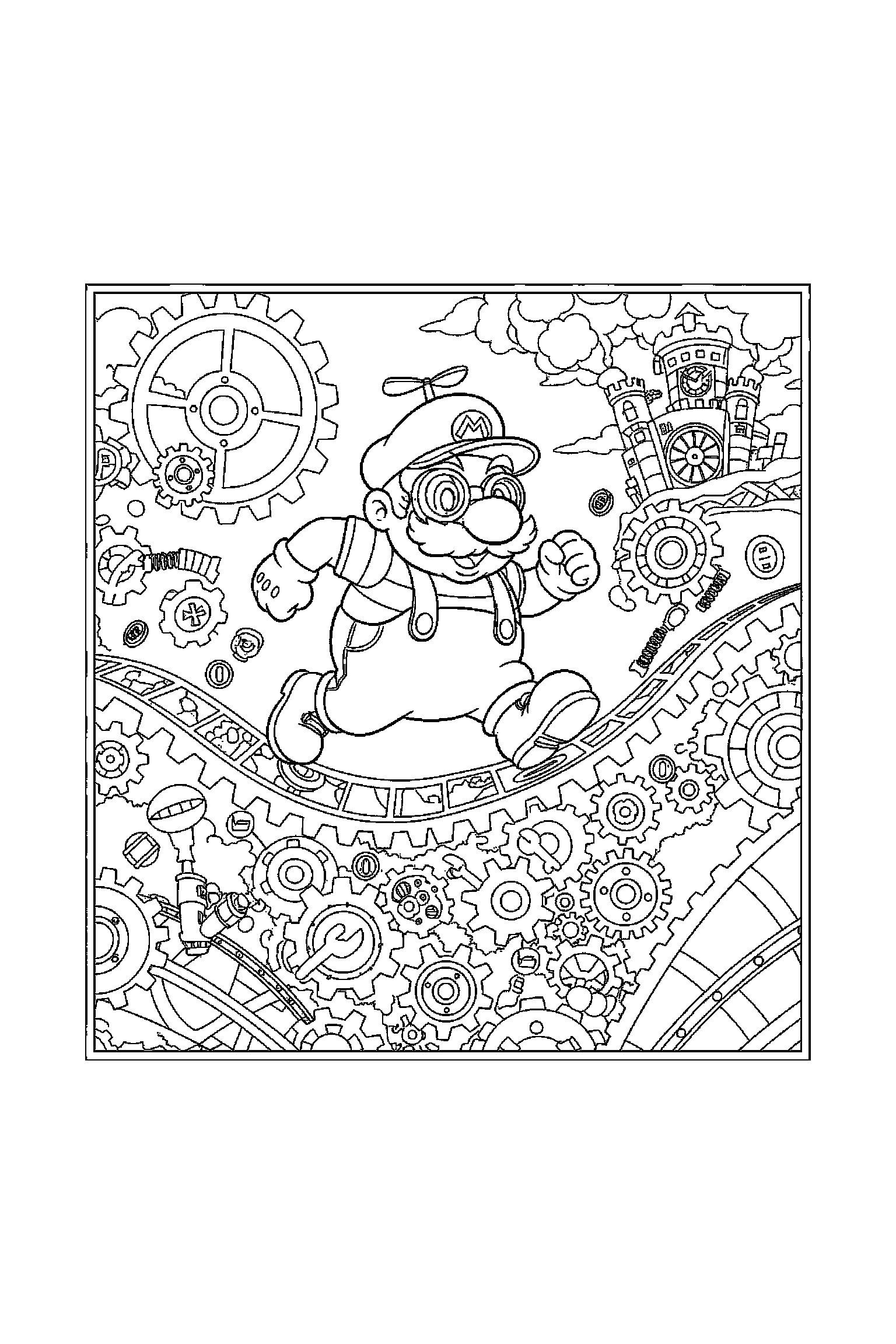 Coloriage Mario gratuit à imprimer - portrait détaillé de Luigi avec motifs nuages Coloriage Mario gratuit à imprimer : portrait détaillé de Luigi avec motifs nuages