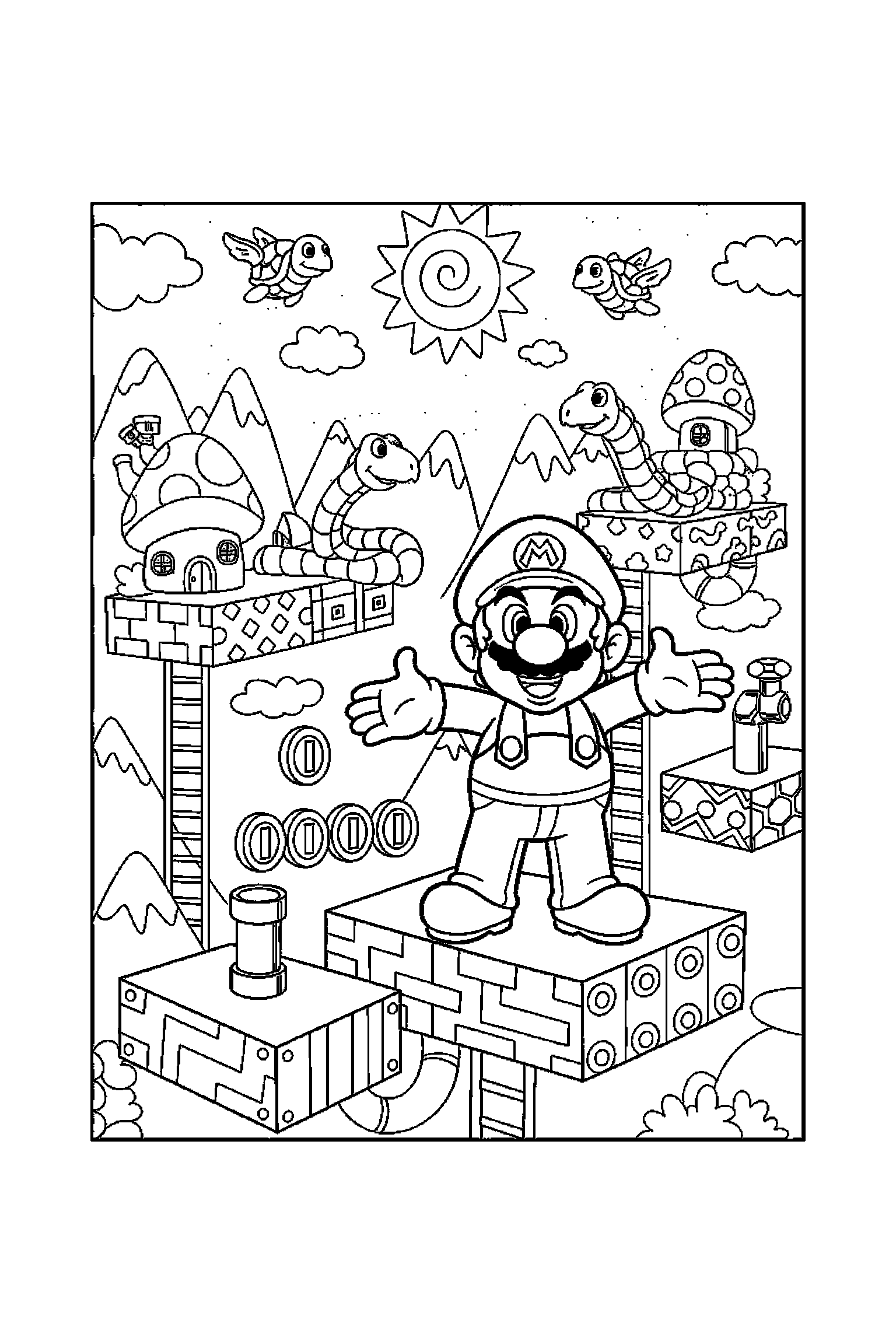 Coloriage Mario gratuit à imprimer - Peach dans une scène verticale avec un bloc Coloriage Mario gratuit à imprimer : Peach dans une scène verticale avec un bloc