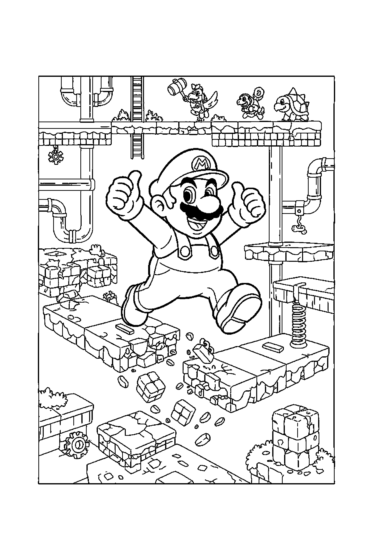 Coloriage Mario gratuit à imprimer - Mario et ses amis avec arrière-plan complet à colorier Coloriage Mario gratuit à imprimer : Mario et ses amis avec arrière-plan complet à colorier