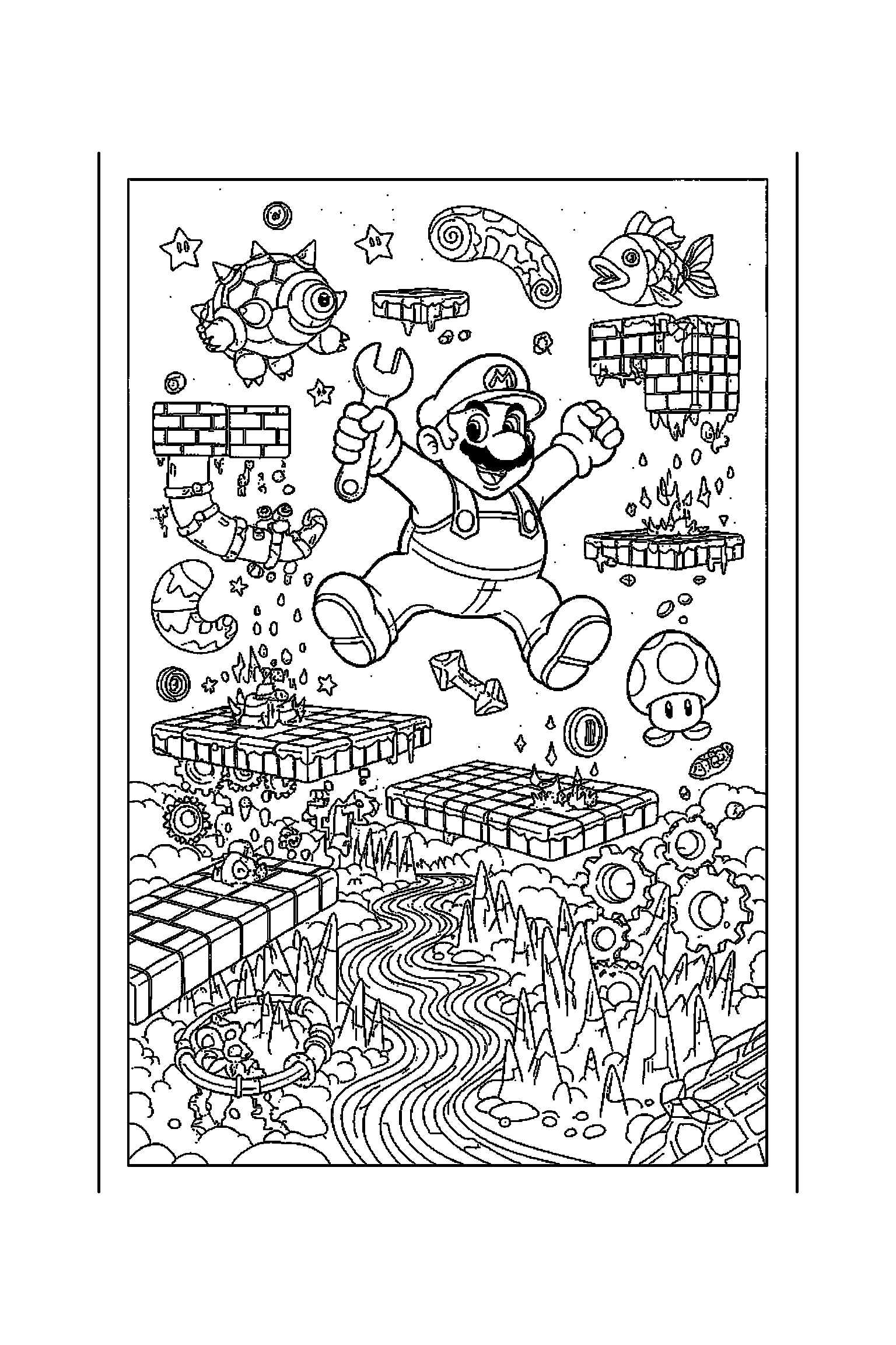 Coloriage Mario gratuit à imprimer - Luigi au centre avec scène détaillée de un château Coloriage Mario gratuit à imprimer : Luigi au centre avec scène détaillée de un château