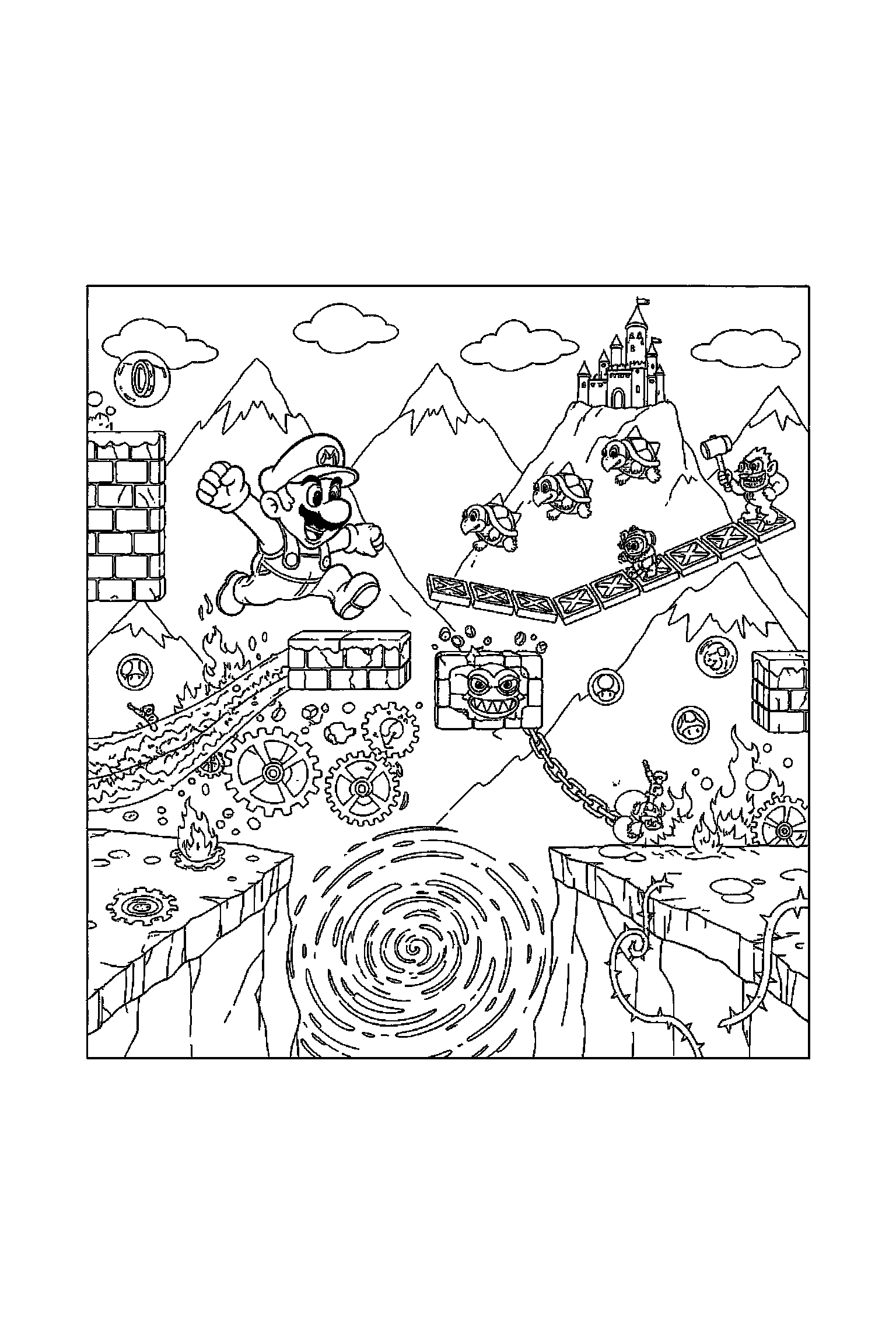 Coloriage Mario gratuit à imprimer - scène verticale détaillée avec Yoshi et une casquette Coloriage Mario gratuit à imprimer : scène verticale détaillée avec Yoshi et une casquette
