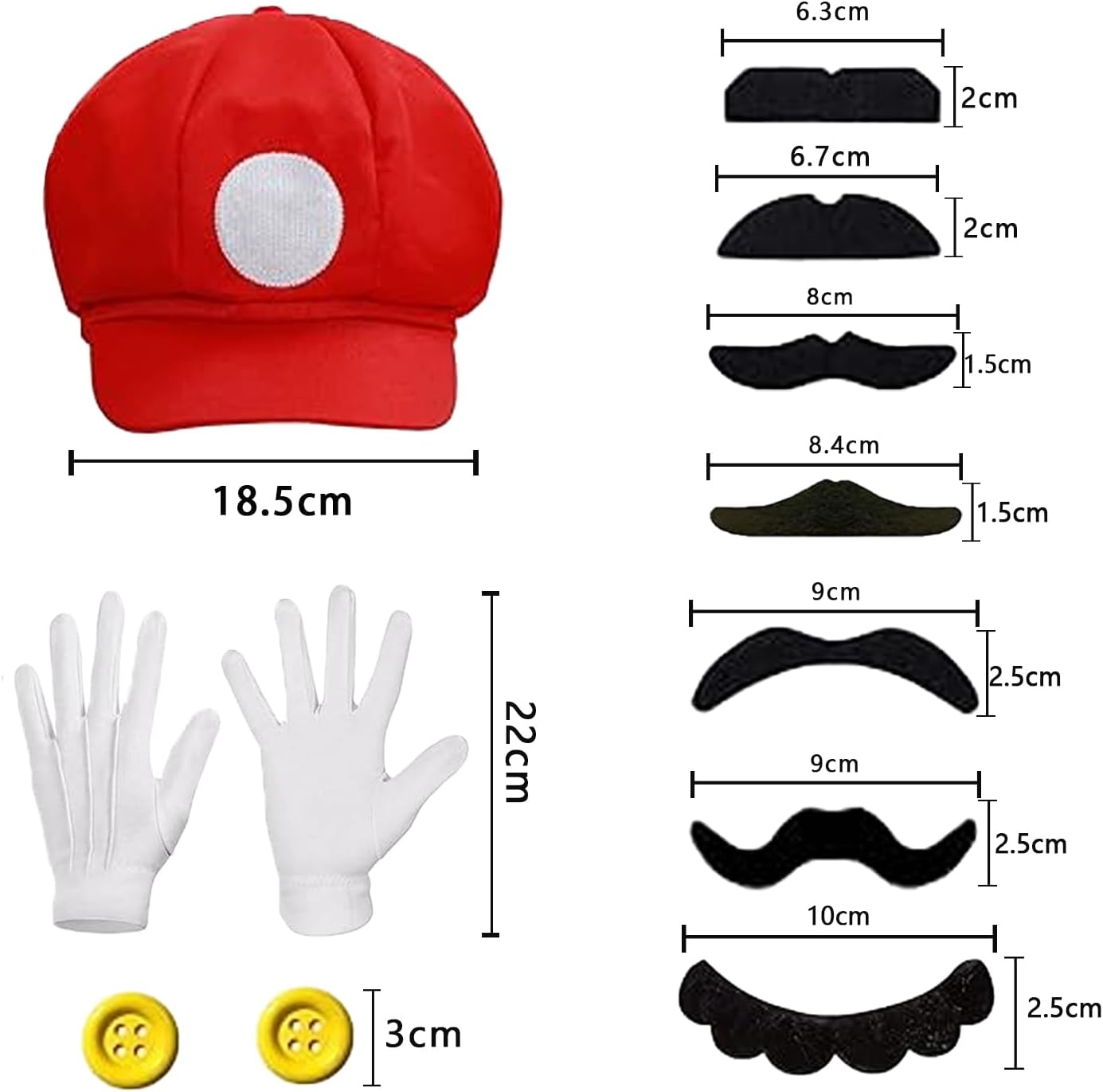 Kit déguisement Mario avec 2 casquettes et 14 moustaches – Image 2
