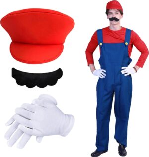 Costume de cosplay Mario pour adultes avec body, casquette et barbe