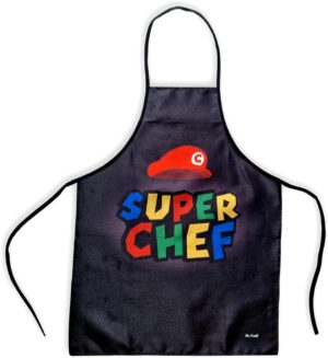 Tablier Mario noir Super Chef, style fan art, taille unique