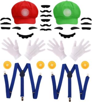 Kit Mario et Luigi avec 2 casquettes, 14 moustaches et gants