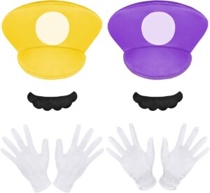 Ensemble de cosplay Mario Luigi violet+jaune avec bonnet, barbe et gants