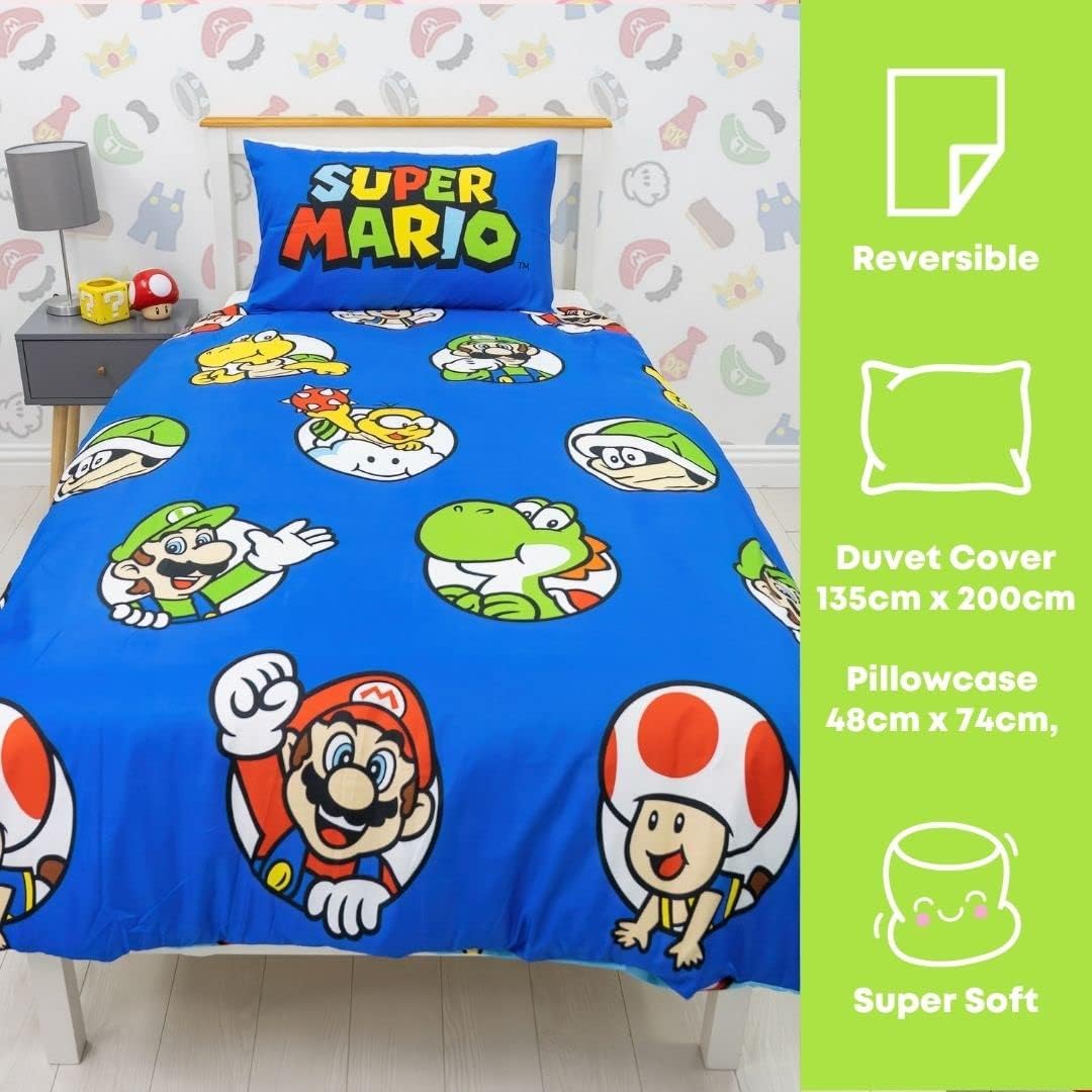 Parure de lit simple réversible Super Mario Nintendo bleu avec taie assortie – Image 7