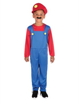 Costume de plombier Mario et Luigi Bros rouge et bleu avec casquette et moustache