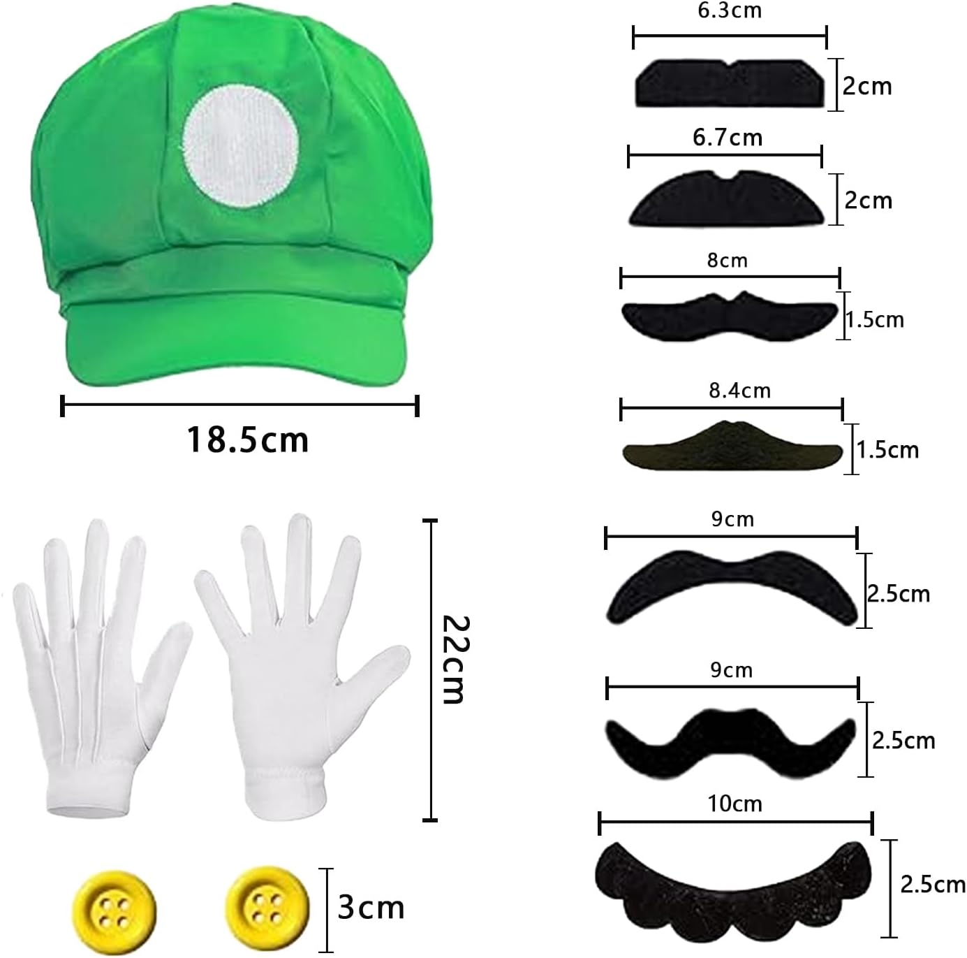 Déguisement Mario avec 2 casquettes et 14 moustaches pour carnaval et cosplay – Image 2