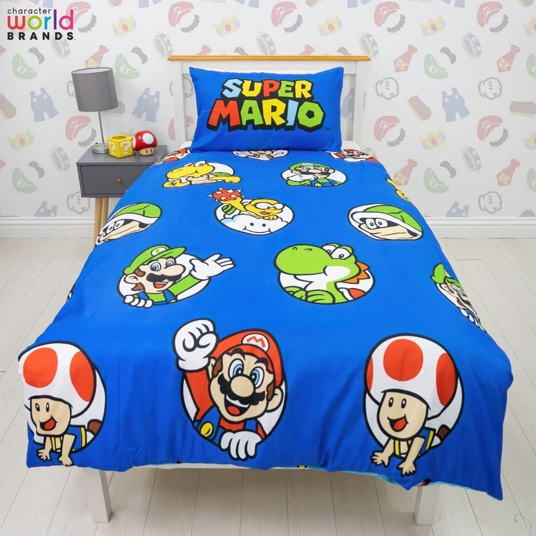 Parure de lit simple réversible Super Mario Nintendo bleu avec taie assortie – Image 4
