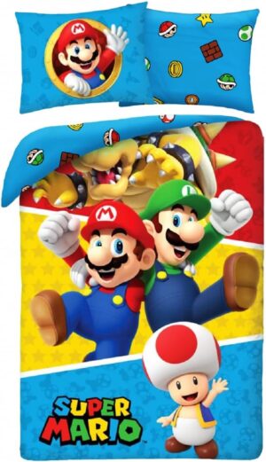 Parure Super Mario réversible en coton avec Mario, Luigi, Toad et Wario