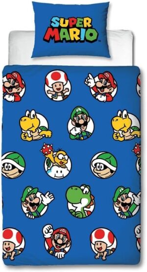 Parure de lit simple réversible Super Mario Nintendo bleu avec taie assortie
