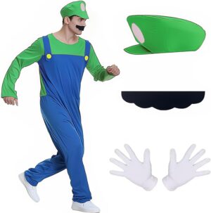 Costume adulte Mario et Luigi vert avec bonnet, barbe et gants