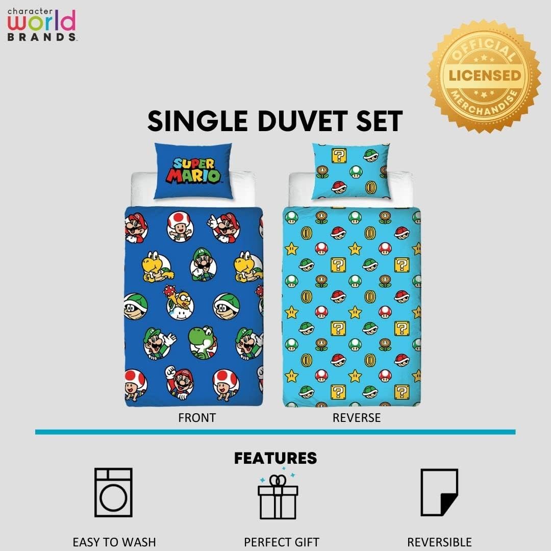 Parure de lit simple réversible Super Mario Nintendo bleu avec taie assortie – Image 3