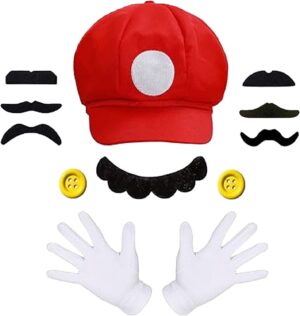 Kit déguisement Mario avec 2 casquettes et 14 moustaches