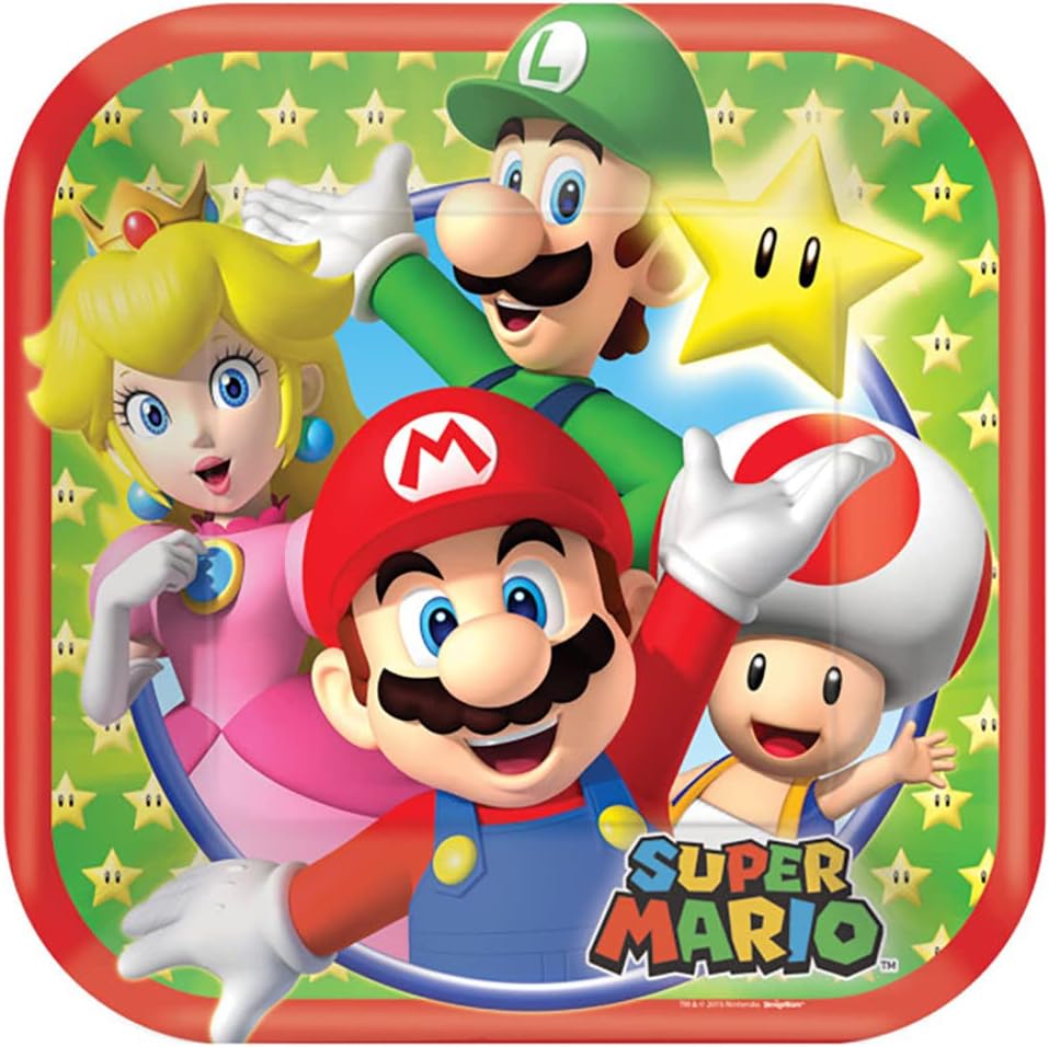 Assiettes carrées Amscan Super Mario 18 cm en carton