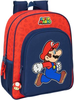 Sac à dos scolaire Super Mario Trick bleu foncé et rouge, adaptable au chariot