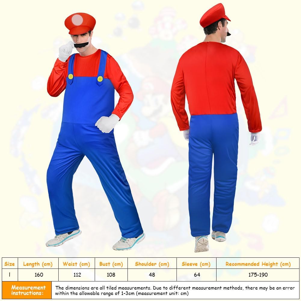 Costume Mario Luigi-Bros adulte avec bonnet, barbe et gants – Image 2