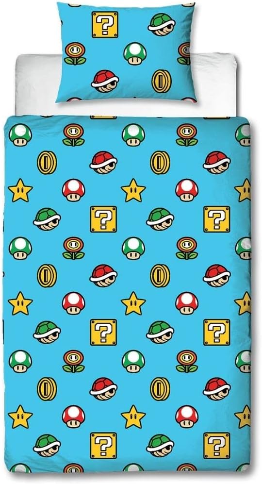 Parure de lit simple réversible Super Mario Nintendo bleu avec taie assortie – Image 2