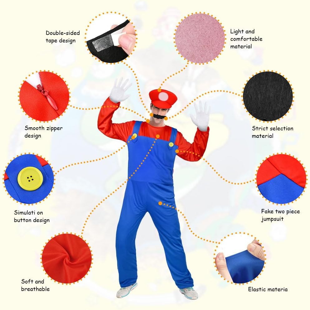 Costume Mario Luigi-Bros adulte avec bonnet, barbe et gants – Image 3