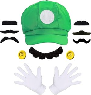 Déguisement Mario avec 2 casquettes et 14 moustaches pour carnaval et cosplay
