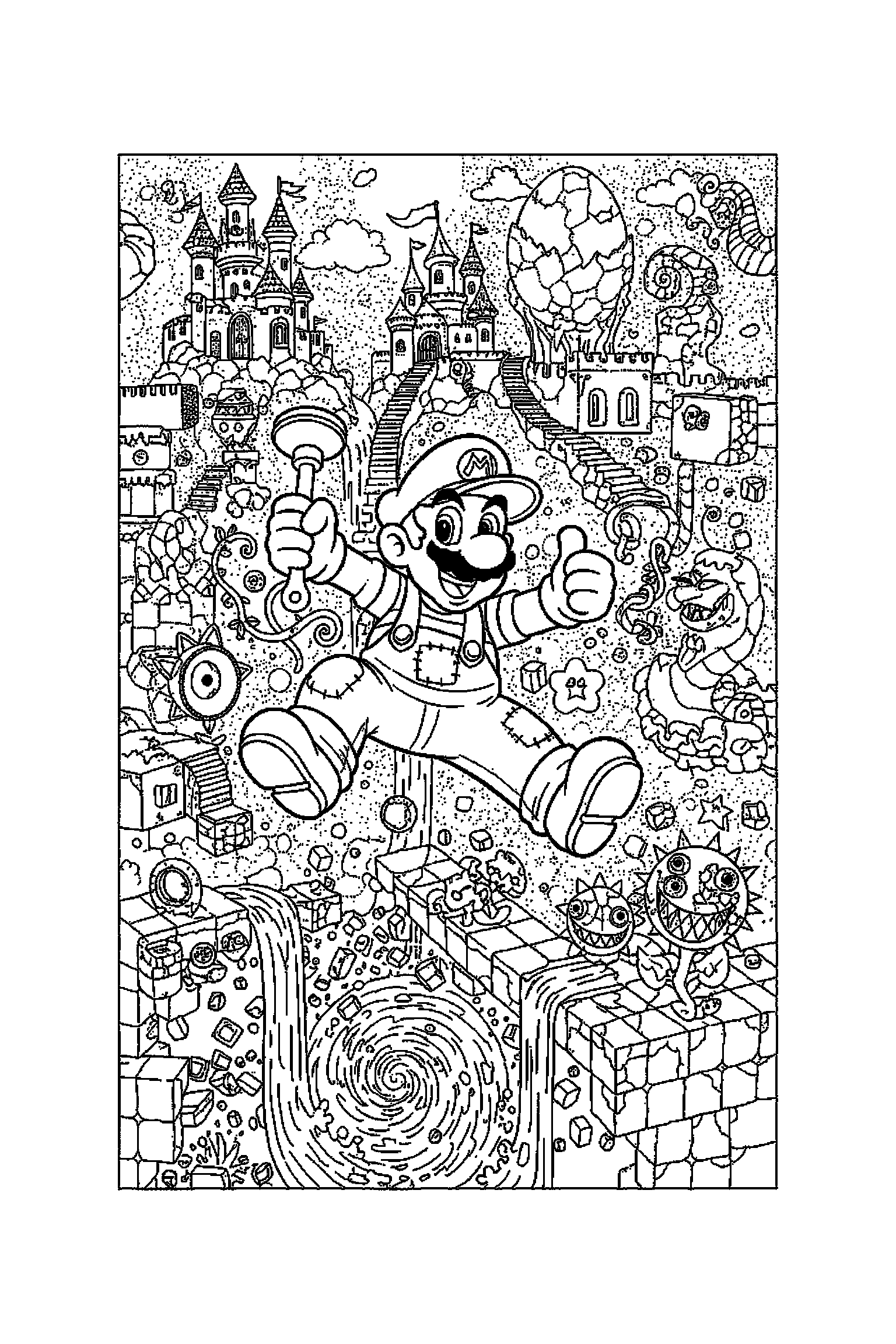 Coloriage Mario gratuit à imprimer - Luigi au centre avec scène détaillée de un château Coloriage Mario gratuit à imprimer : Luigi au centre avec scène détaillée de un château
