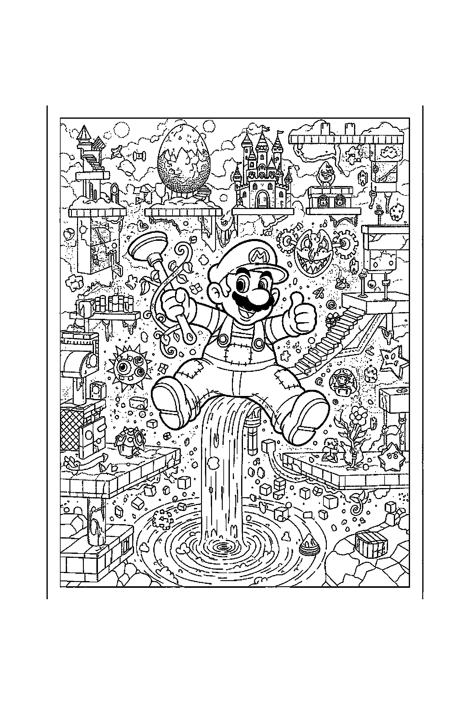 Coloriage Mario gratuit à imprimer - scène verticale détaillée avec Yoshi et une casquette Coloriage Mario gratuit à imprimer : scène verticale détaillée avec Yoshi et une casquette