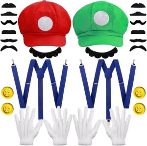 Kit déguisement Mario et Luigi avec casquette, gants blancs et barbe collante