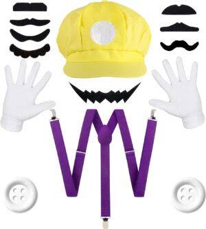 Kit cosplay Mario Bros Wario jaune avec chapeau, gants et moustaches