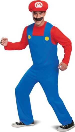 Costume adulte Mario Super Mario Nintendo avec chapeau et moustache adhésive, taille X-Large (42-46)