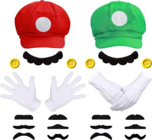 Déguisement Mario Bros et Luigi Rouge, Vert avec chapeaux, gants et moustaches