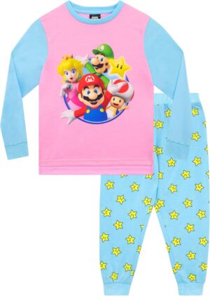 Pyjama enfant Super Mario rose et bleu avec Mario et ses amis