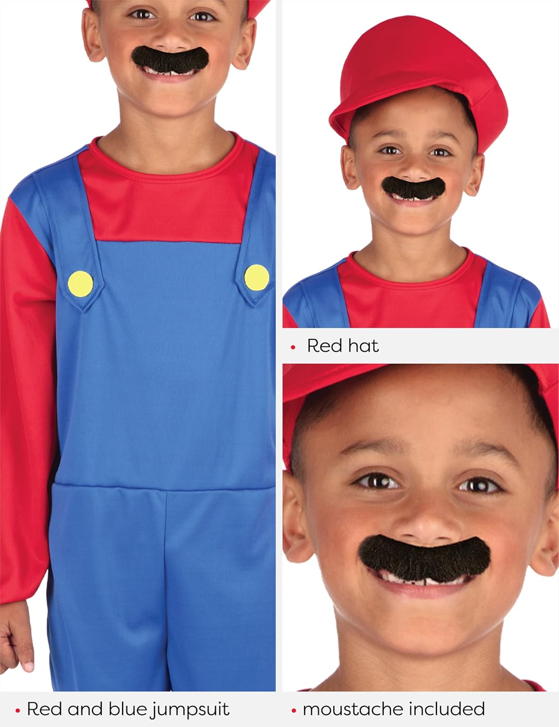 Costume Mario Bros enfant rouge et bleu avec bonnet et moustache – Image 4