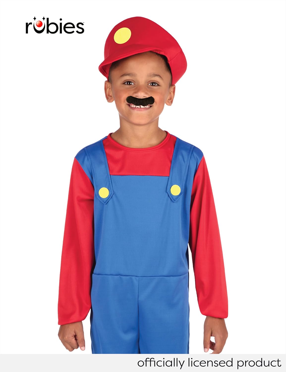 Costume Mario Bros enfant rouge et bleu avec bonnet et moustache – Image 2