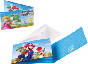 Invitations Super Mario Bros 14 x 8 cm avec enveloppes, Mario Luigi Toad
