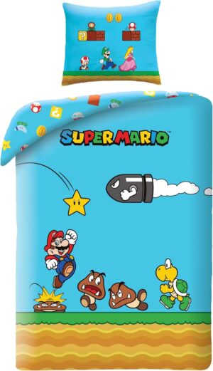 Parure de lit bleue Super Mario en 100% polyester 140x200 cm