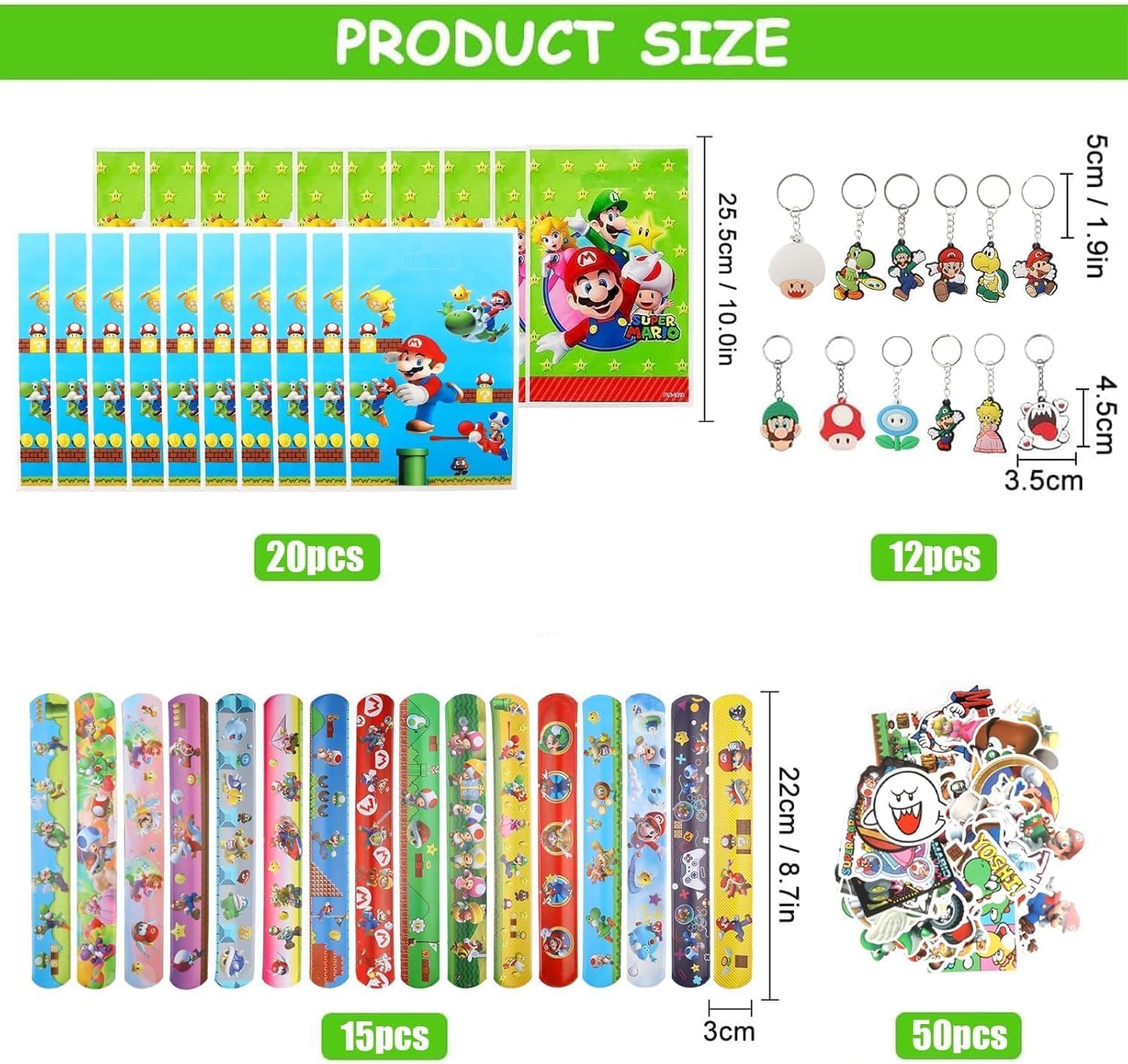 Set cadeaux de fête Mario 98 pièces avec 12 porte-clés, 50 stickers, 20 sacs cadeaux et 16 bracelets – Image 2