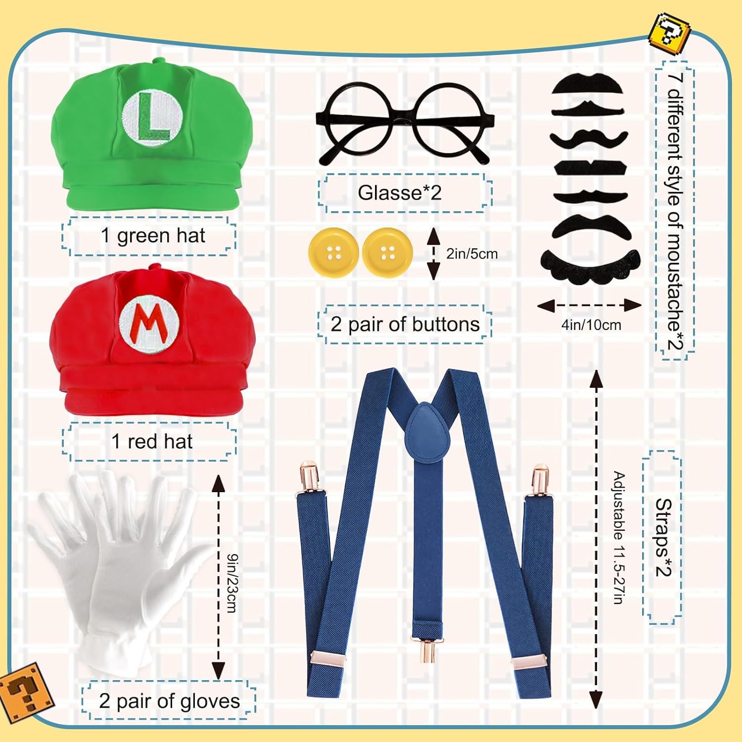 Set Super Bros Mario Luigi 28 pièces avec chapeaux, gants et bretelles – Image 2